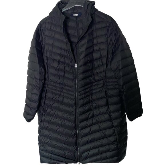 Land's End long black puffer down coat lightweight packable hooded 1X - Picture 3 of 8